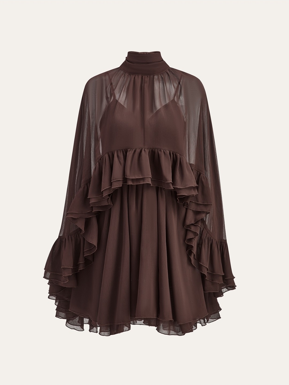 Commense Chocolate Brown Sheer Ruffle Mini Dress